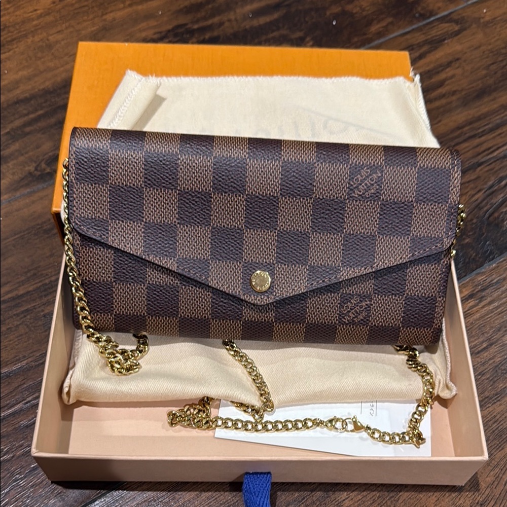 Louis Vuitton Brown and Gold Clutch with Chain